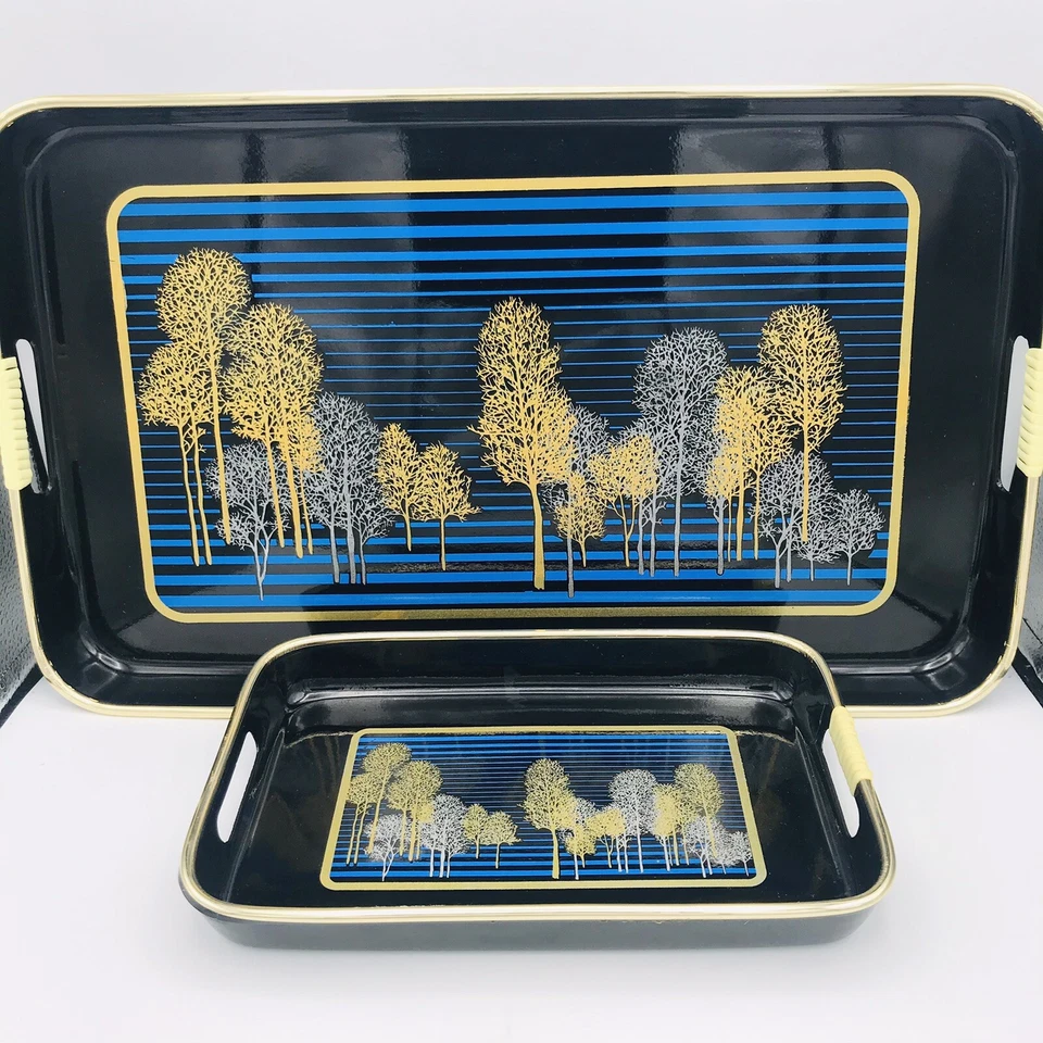 VTG 80s Srednick Serving Trays 2 - Gold Trees Black Blue Sky Japanese Stack READ - Image 3 of 4
