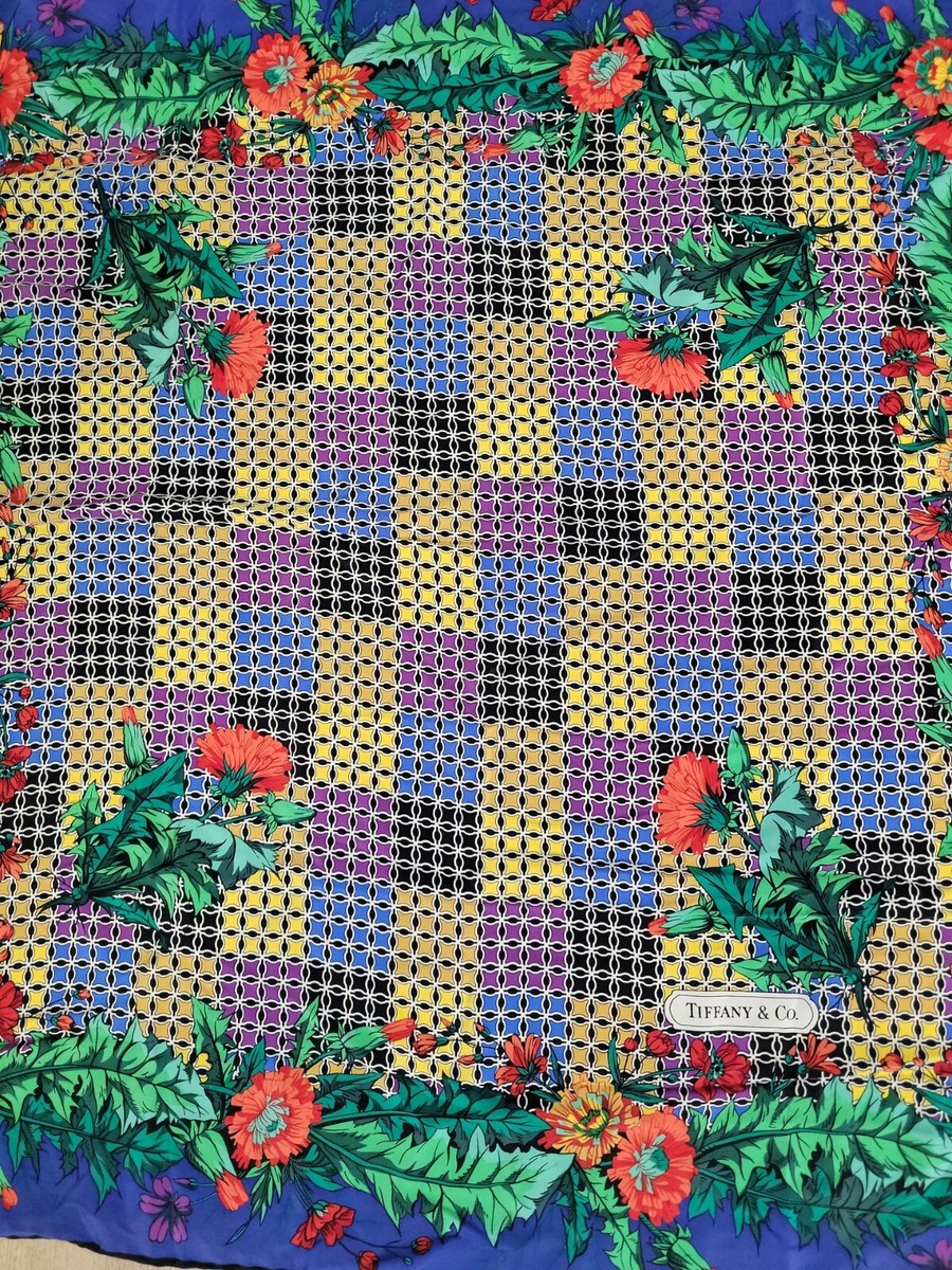 Vintage Tiffany & Co Floral 80s Silk Hand rolled Scarf Cm Brand