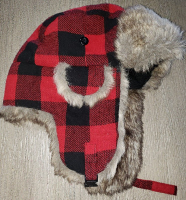 TEEN BOYS MEN TRAPPER HAT red black FURRY TRIM THICK WARM one size fits most