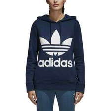 Navy Hoodie Womens Adidas Sweatshirt Pullover Logo Spell Out Front Pocket Cotton