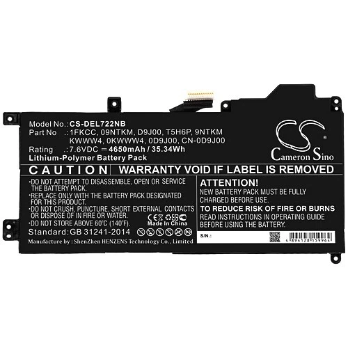 Battery For DELL 09NTKM DELL 0D9J00 DELL 0KWWW4 DELL 1FKCC DELL 9NTKM - Picture 3 of 4