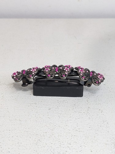 Vtg Black Tone 3 Butterfly Hair Barrette Clip With Pink Rhinestones Unique - Picture 2 of 8