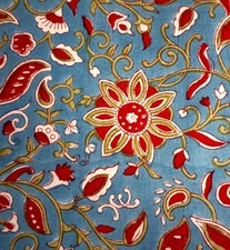 Blue Green Floral Block Print By the Yard Fabric for Sewing Dressmaking Indian