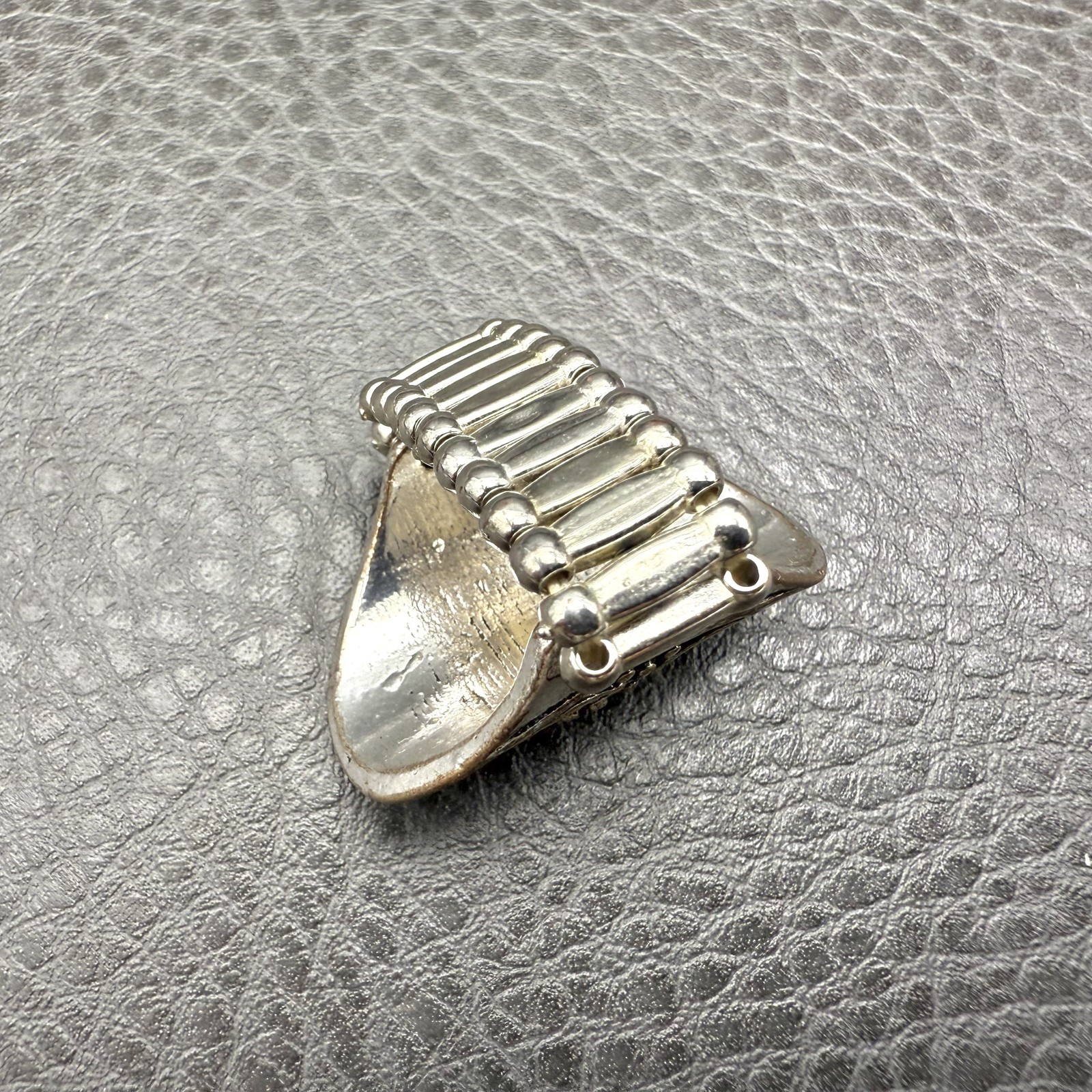 Silver Tone Statement Ring Adjustable Wide Stretch Band Boho Orange Cabochon