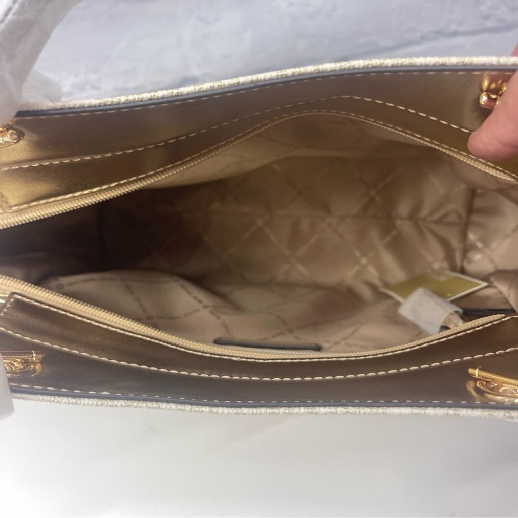 Michael Kors Chain Tote & Wallet Set MK Signature Logo Pale Gold/Cream thumbnail 4