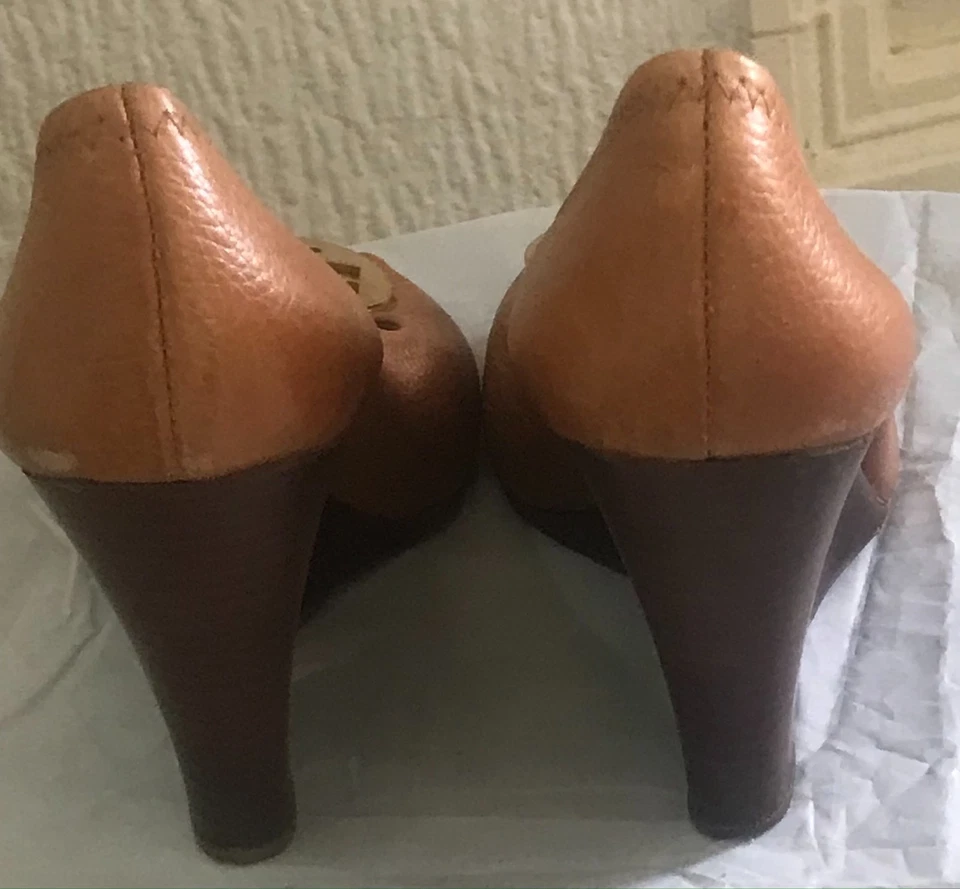 Tory Burch Selma Brown Leather Wedge Peep Toe Shoes UK 6 - Image 4 of 4