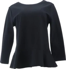 Lands' End Women's Petite 3/4 Slv Ponte Peplum Top True Black PM NWOT (1071)