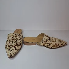 DIBA True High Up Cow Fur Leather Mules Womens 8 Cream Brown Spotted Pointed Toe