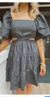 JS 71 black cotton cut out mini Dress/ tiered skirt smocked waistband