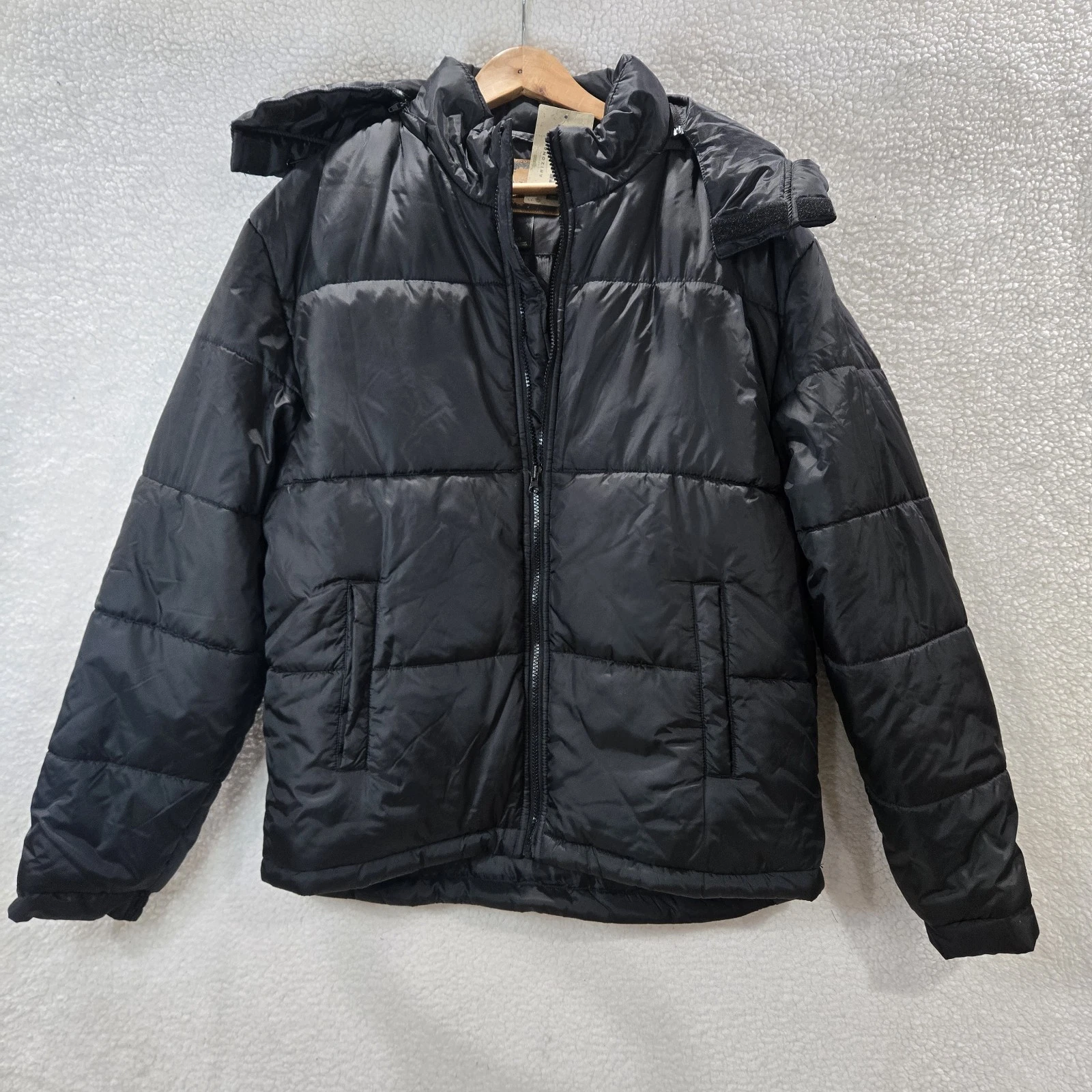 Arizona Mens Large Black Puffer Zip Up Jacket Detachable Hood