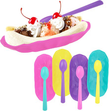 Set of 4 Reusable Banana Split Boats with Color Matching Spoons Use as Desert Di