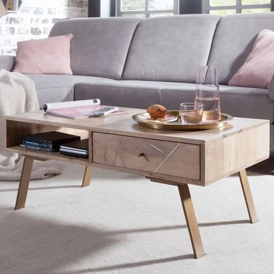 FineBuy Table Basse Bois Massif Métal 95x42x50cm Table d'appoint Table de salon - Photo 1/4