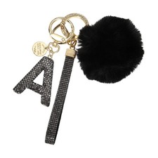 Initial Letter A Keychain with Pom and Rhinestone Wristlet, Grey