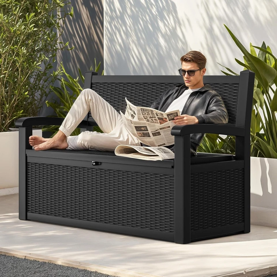 70 Gallon Lockable Outdoor Storage Bench with Armrests For Patio & Garden - Image 4 of 4