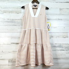 Nautica Jeans Striped Tiered V-Neck Polo Dress Almond Ivory S NEW Summer Sporty