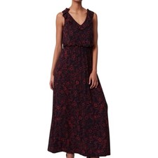 Ann Taylor Loft Ruffle Neck Maxi Dress Navy Red Floral Sz MP