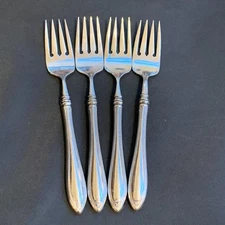 4 lot Oneida SHERATON SALAD FORKS Glossy Cube Box Mark Stainless Fork Set EUC