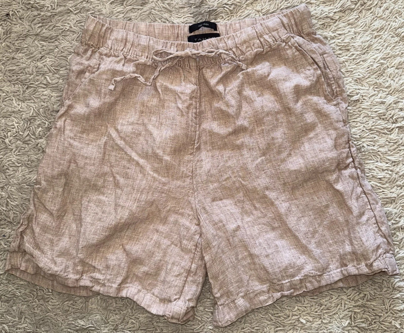 TAHARI beige linen elastic tie waist straight shorts Medium M