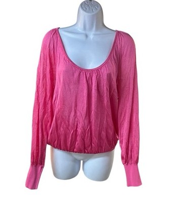 Cache Hot Pink Scoop Neck Crinkle Long Sleeve Blouse Y2K Top L READ