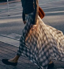 MASSIMO DUTTI CHOCOLATE PLAID FLOUNCE LINED ASYMMETRIC LONG FLOWING MAXI SKIRT