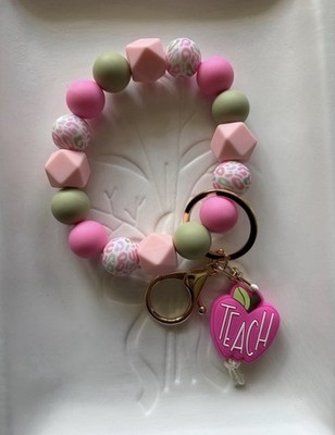 Teacher Apple Beaded Wristlet Keychain Pink Green Plastic Metal Keyring