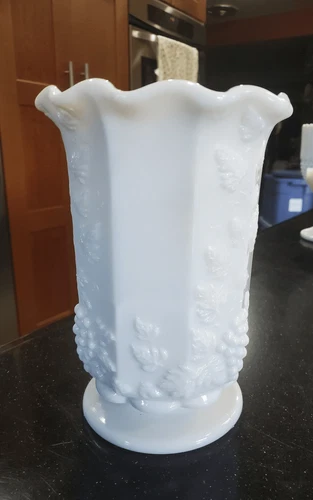 Westmoreland Paneled Grape Milk Glass Vase Vintage 1950 scalloped edge