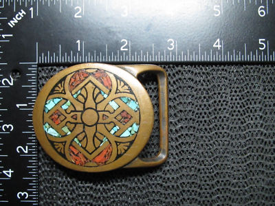 Tech Ether Guild Rays Vintage Brass Belt Buckle with Turquoise and Coral Inlay TECH EHTER GUILD RAYS TURQUOISE CORAL INLAY BRASS HIPPIE  main image 3