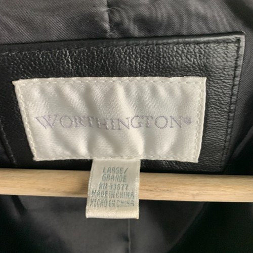 Worthington Jacket Black Leather Collared Zip Pockets Lined Removable Belt Sz L - Picture 14 of 14