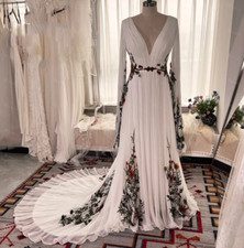 Colorful Embroidery Lace Floral Wedding Dress Texture Pleated Crepe Chiffon