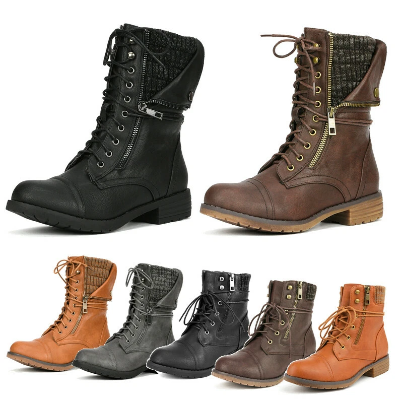 Women Winter Riding Boots Lace Up Round Toe Zip Low Heel Combat Ankle Boots