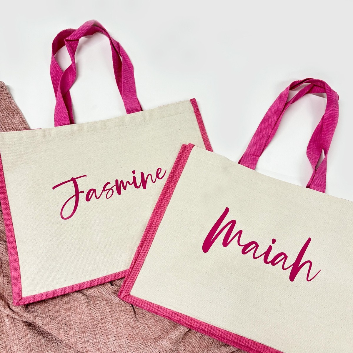 LARGE PINK TOTE BAG With Name/Custom Text Reusable Shopping Bag