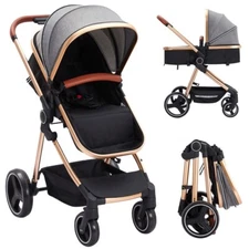 Convertible Baby Stroller 2 in 1 Foldable Pushchair w/Adjustable Canopy Gray