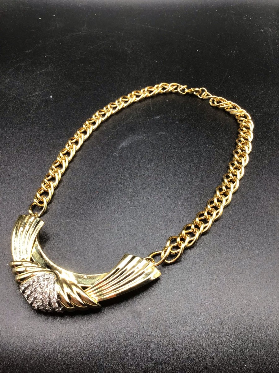 Chunky Gold Tone 80s 90s Necklace Rhinestones Collar Thick Chain