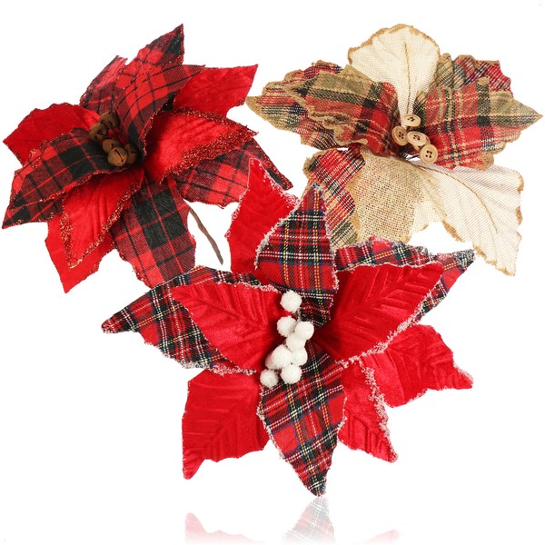 3X Weihnachtsstern Deko-Gesteck, Kunstblumen Als Weihnachtsdeko, Rot Kariert-image