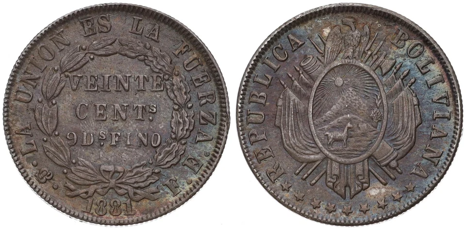 Bolivie - 20 Centavos 1881 - Argent 0.900, 4.6g, Ø 22.34mm KM# 159.1 - Photo 1/1