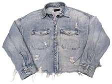 Allsaints Kyrie Shirt Jacket Women X-Small/Small Distressed Blue Denim Raw Hem