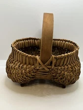 Vintage Small Wicker Buttocks Split Bottom Egg Gathering Woven Bent Wood Basket