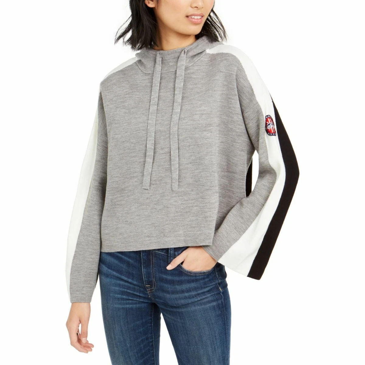 TOMMY HILFIGER NEW Women s Wide sleeve Colorblocked Hooded Sweater Top TEDO