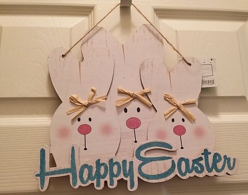 Happy Easter Glitter Three Bunnies Wooden Hanging Decorative Sign Indoor Outdoor - Picture 2 of 5
