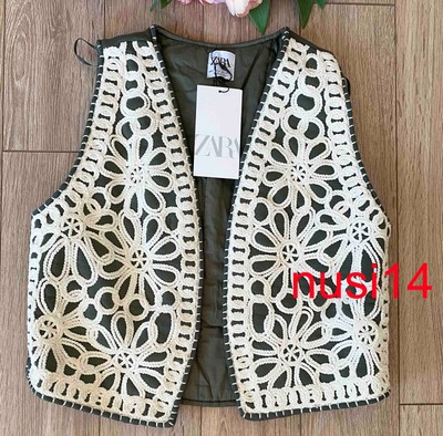 ZARA NEW WOMAN QUILTED WAISTCOAT WITH EMBROIDERY VEST KHAKI S,M,L