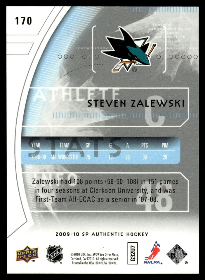2009-10 SP Authentic Steven Zalewski Rookie 201/999 San Jose Sharks #170 - Image 2 of 2