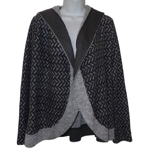 Mystree Open Cardigan Sweater women M Gray Hooded Herringbone Knit Boho Casual