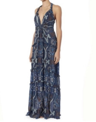 Intermix SZ S Small Mury Silk Paisley Tiered Maxi Dress Blue Boho Gown  Braided | eBay