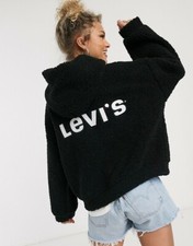 Levi s Women s Anna Sherpa Hoodie NWT Meteorite Black Teddy White Logo On Back