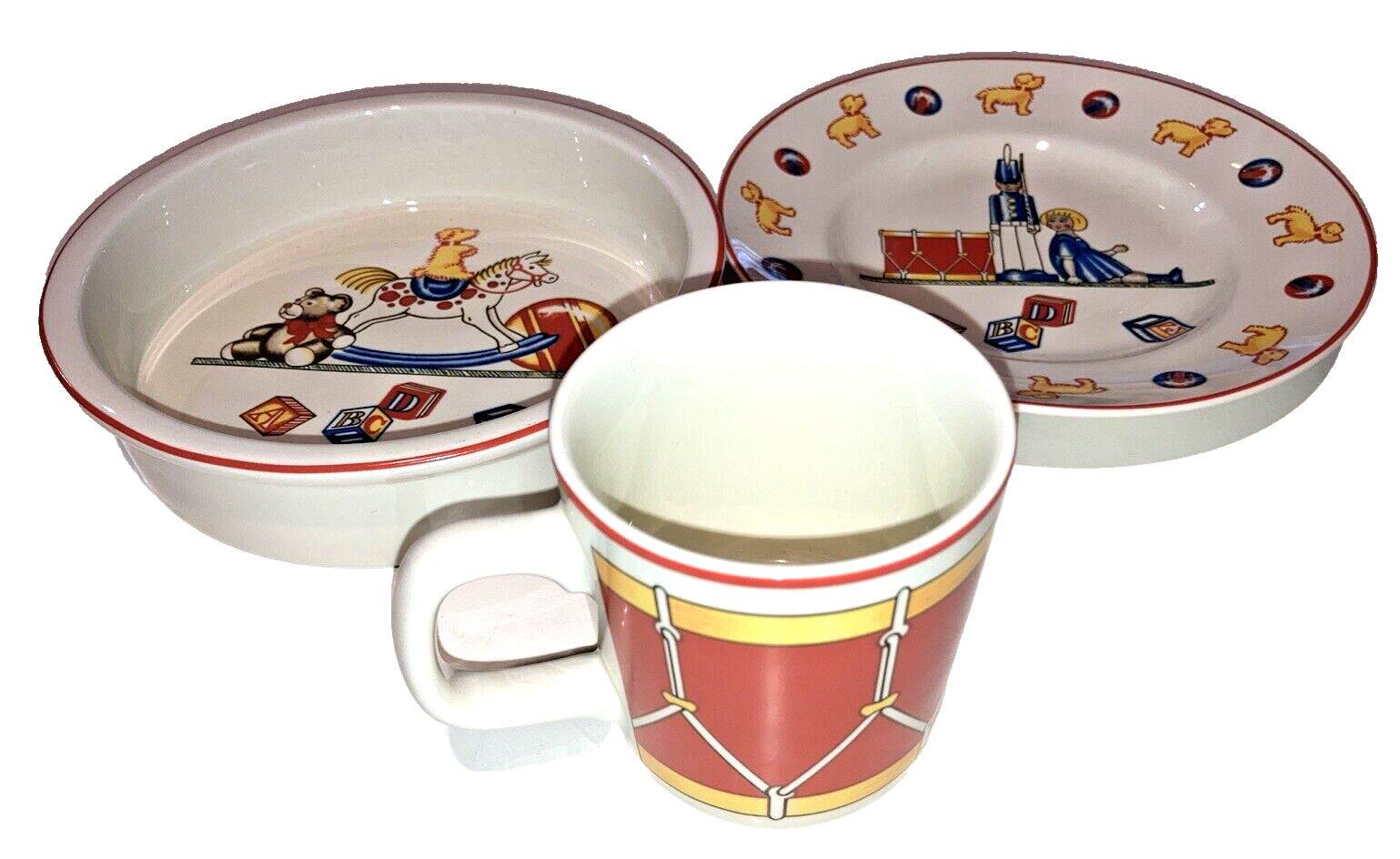 1992 Tiffany & Co child's 3pc dinner set mug plate bowl toys snear drum soldier