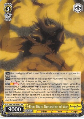 Attack on Titan Trading Card Weiss Schwarz AOT/SX04-003 RR HOLO Titan Eren