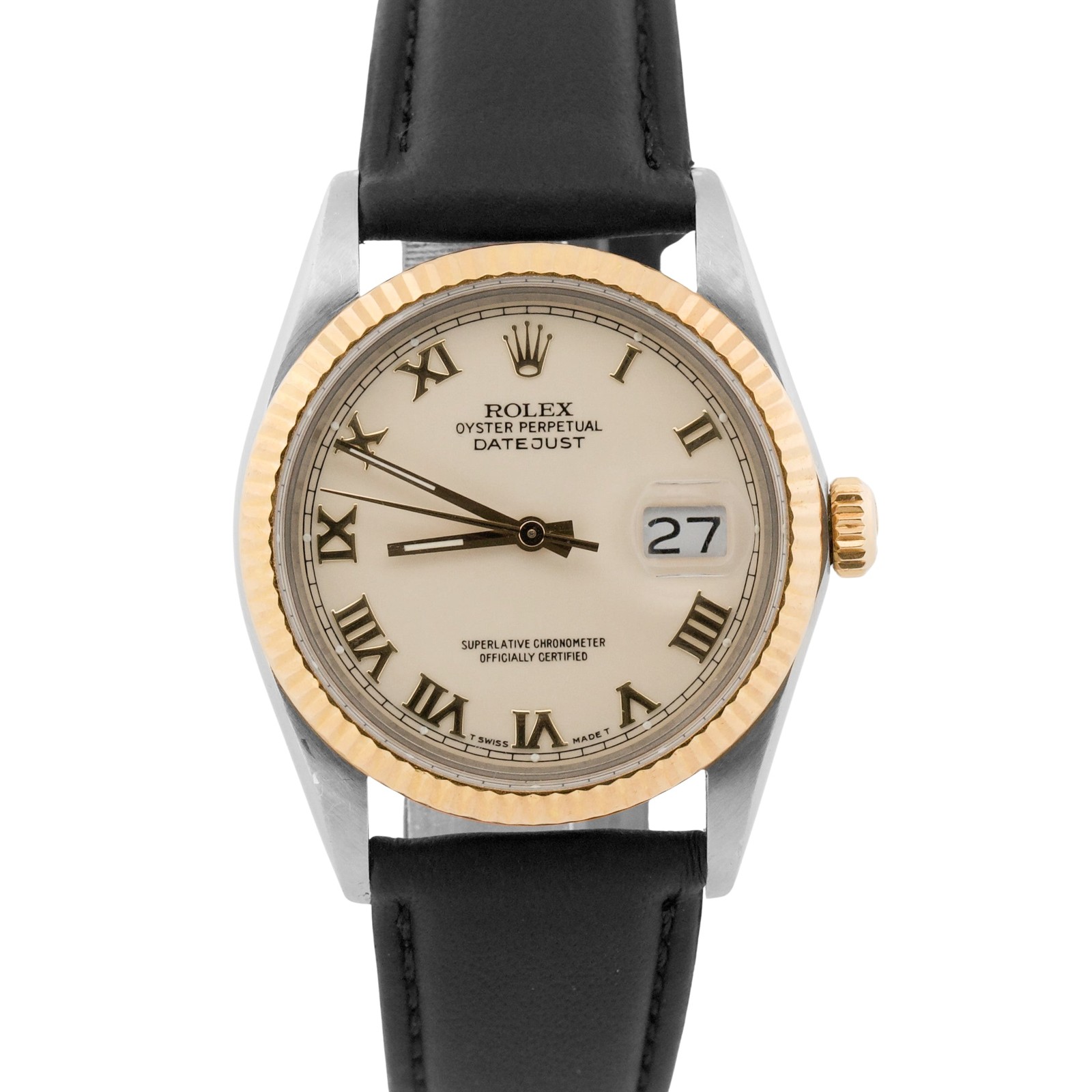 1987 Rolex DateJust 16013 Ivory Roman 18K Gold Steel Fluted Leather 36mm Watch