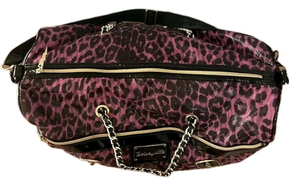 Vintage Betsey Johnson Pink Leopard Print Large Shoulder Travel Bag PVC Weekend - Image 3 of 4