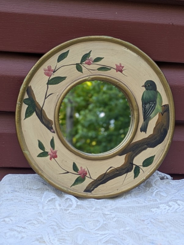 Vintage 11.25" Round Accent Mirror Hand Painted Frame Bird Flowers 
