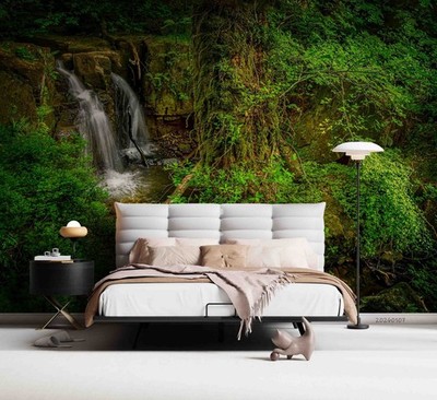 3D Nature Green Forest Waterfull Self-adhesive Removeable Wallpaper Wall Mural